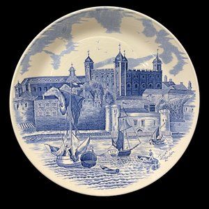 Rare Vintage Johnson Brothers Blue and White China Tower of London Dinner Plate,